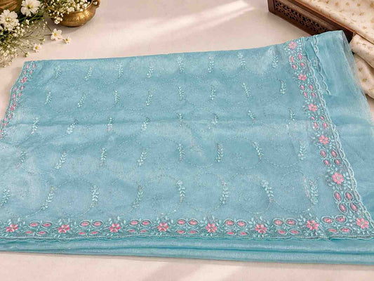 Powder Blue Floral Embroidered Saree