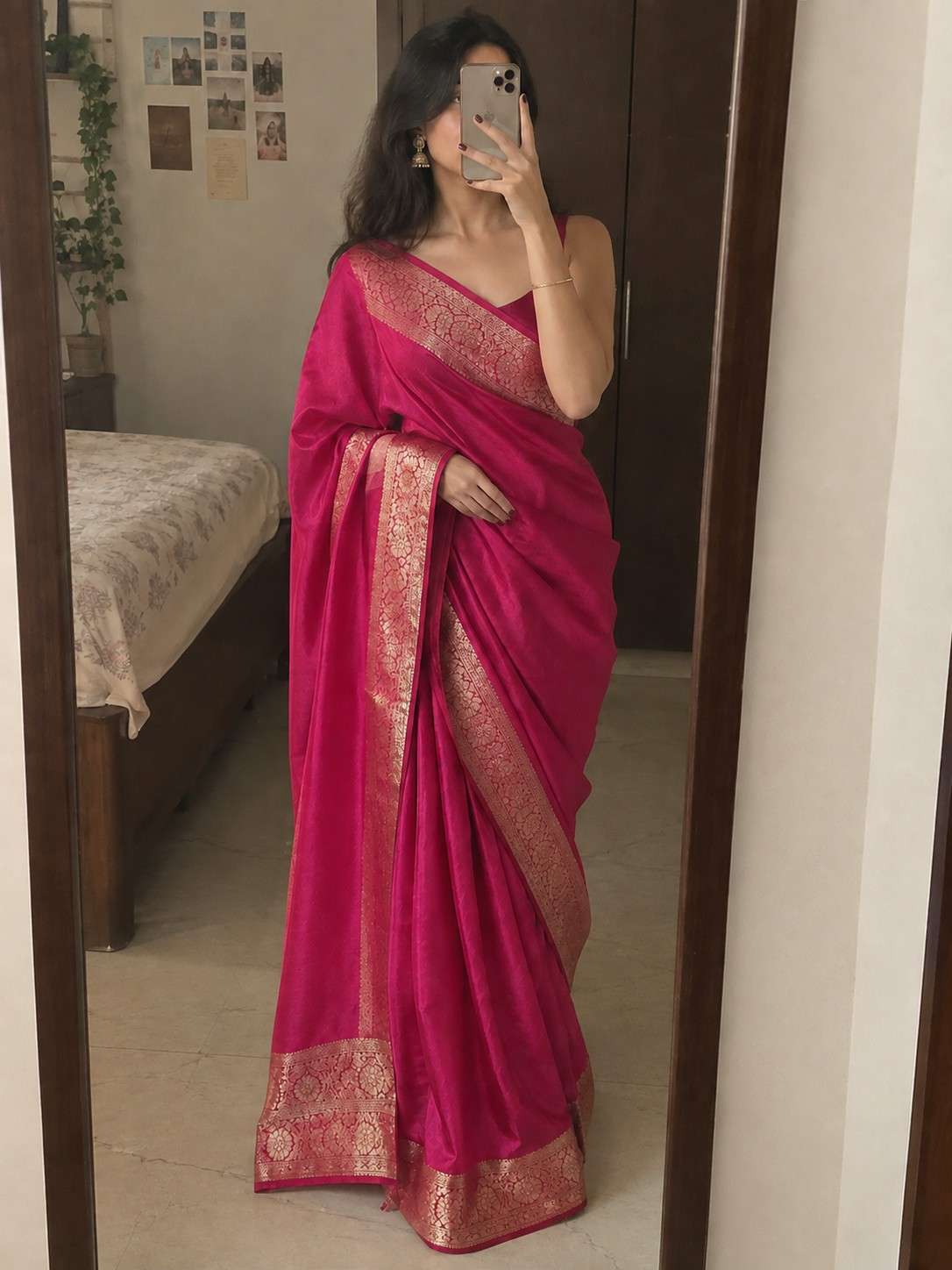 Rani Pink Silk Saree with Intricate Zari Border