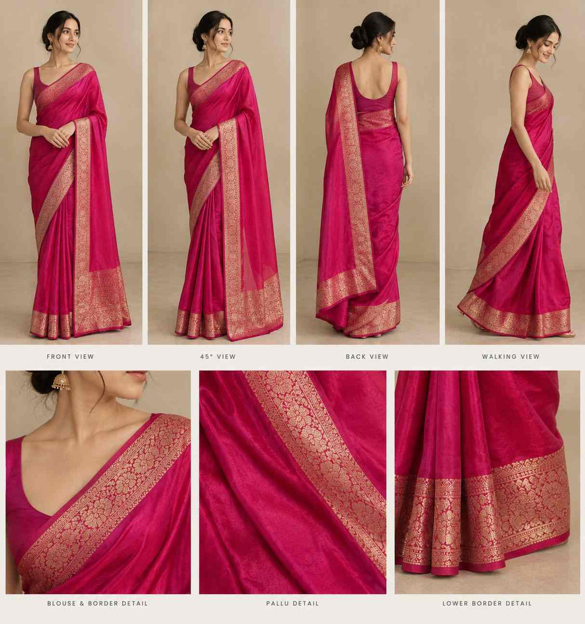 Rani Pink Silk Saree with Intricate Zari Border