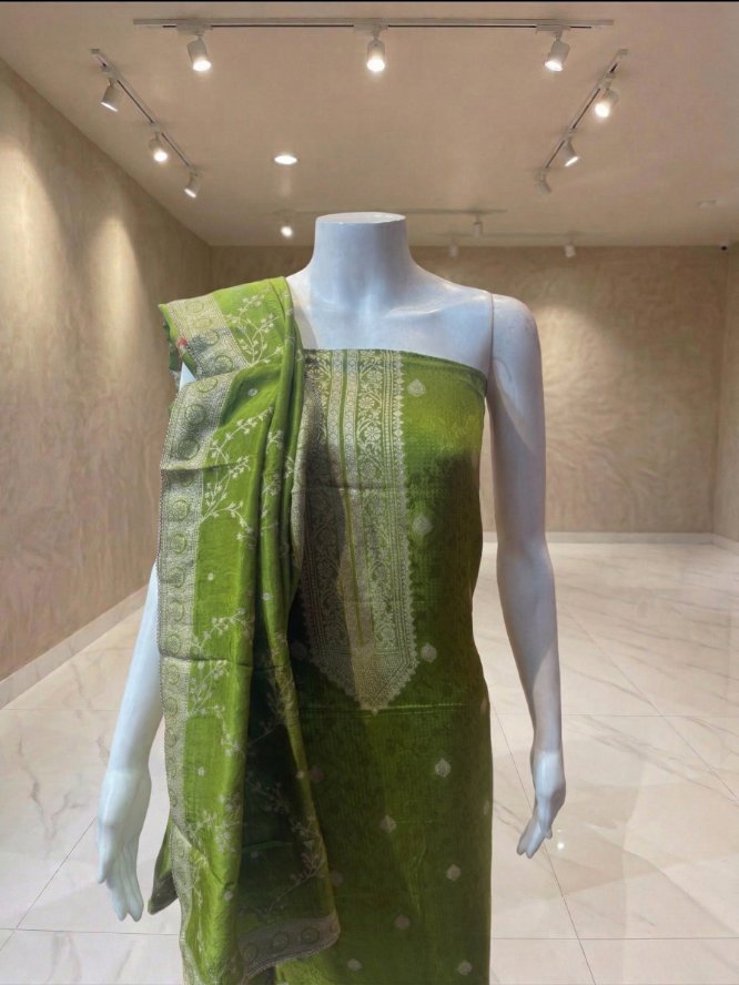 Emerald Green Woven Dress Material with Intricate Jacquard Work & Elegant Dupatta