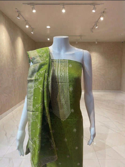 Emerald Green Woven Dress Material with Intricate Jacquard Work & Elegant Dupatta