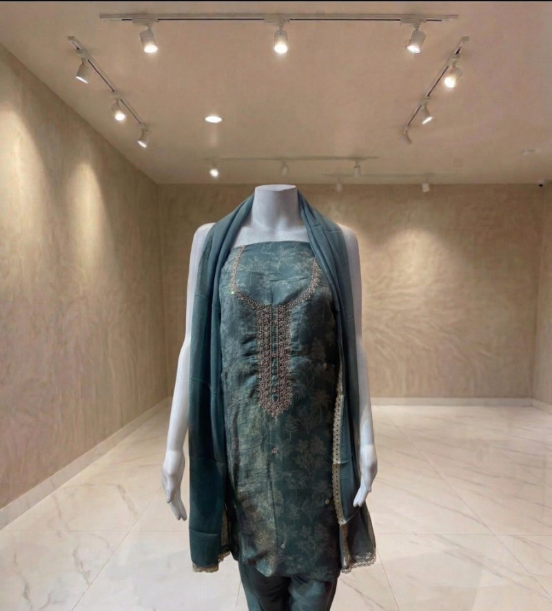 Teal Green Silk Dress Material with Intricate Embroidered Neckline & Graceful Dupatta