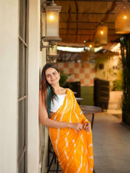 Sunshine Yellow & White Rajasthani Leheriya Saree