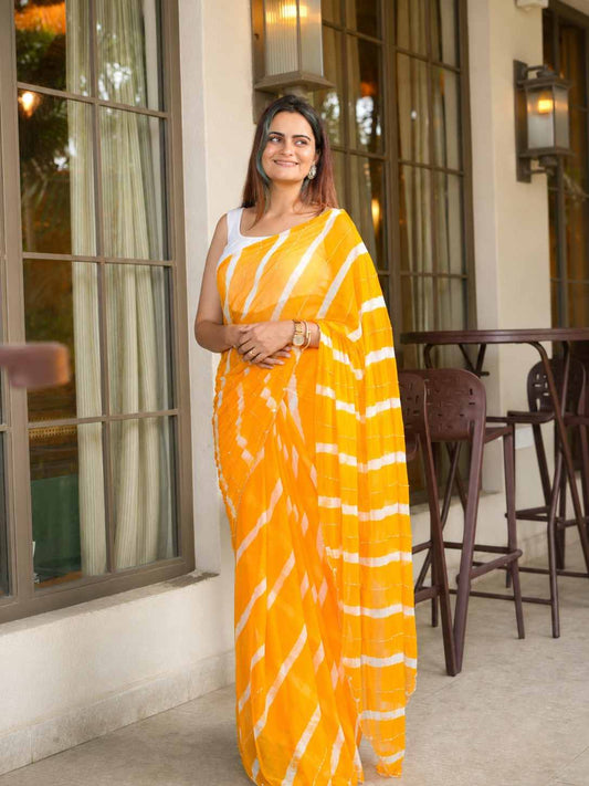 Sunshine Yellow & White Rajasthani Leheriya Saree