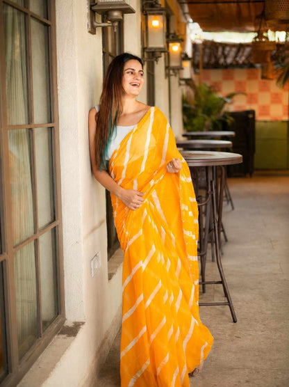 Sunshine Yellow & White Rajasthani Leheriya Saree