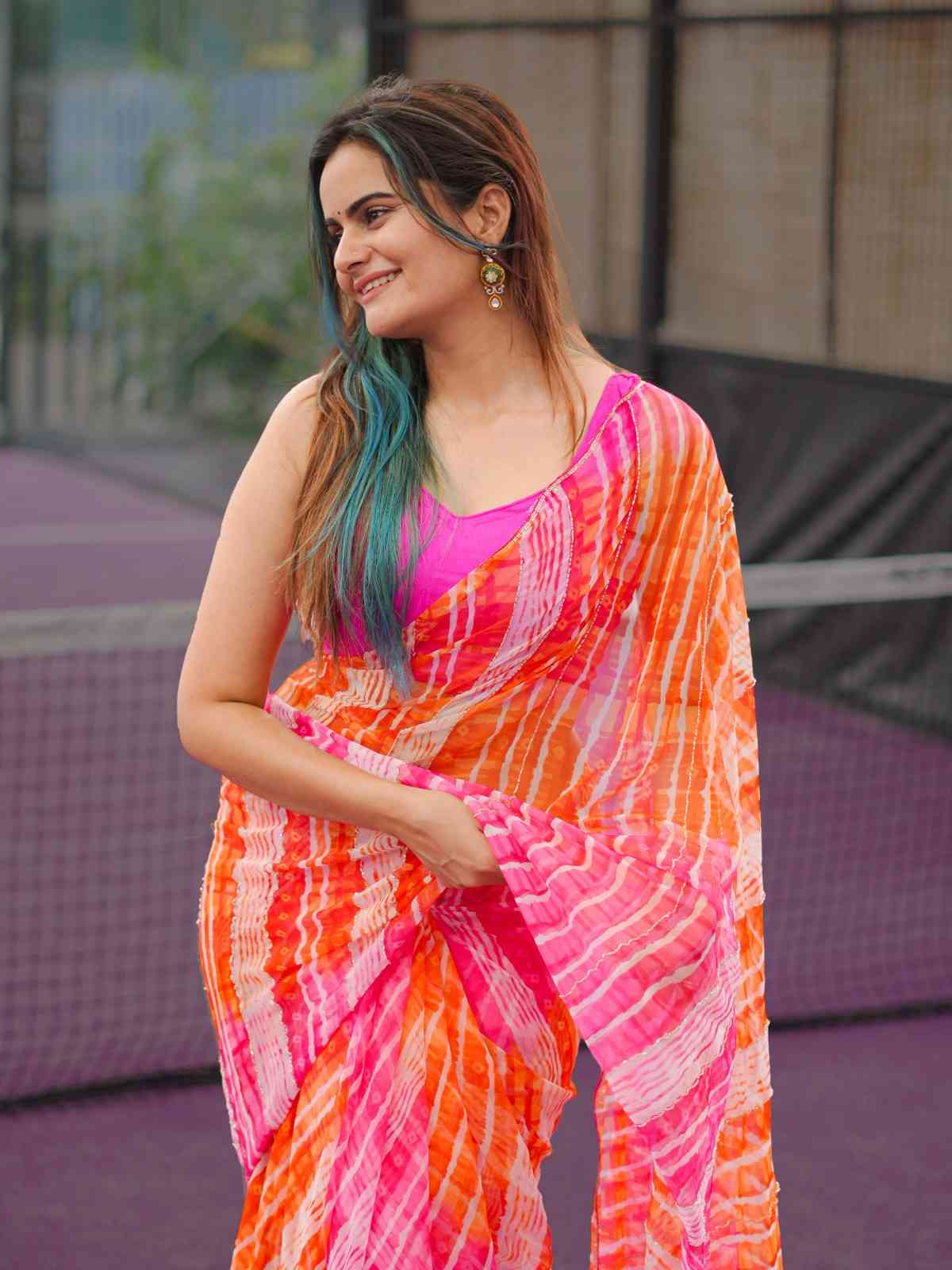 Sunset Leheriya Georgette Saree