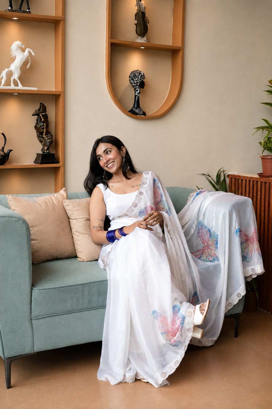Ivory White Italian Glass Chiffon Saree with Pastel Butterfly Handwork