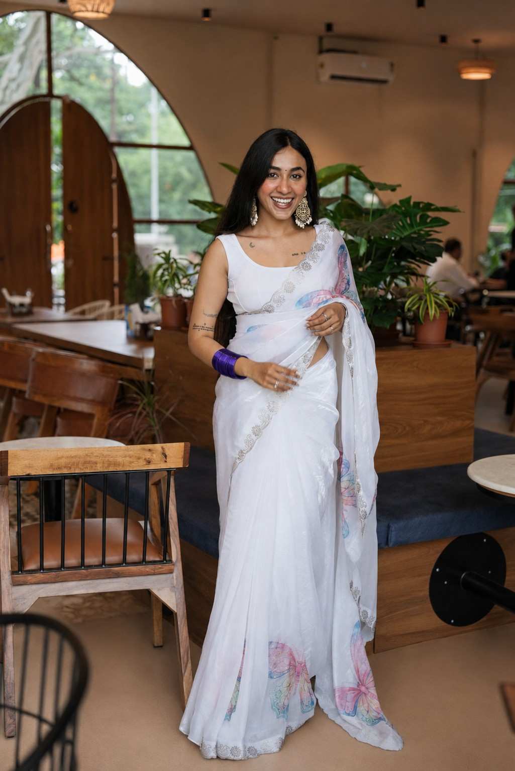 Ivory White Italian Glass Chiffon Saree with Pastel Butterfly Handwork