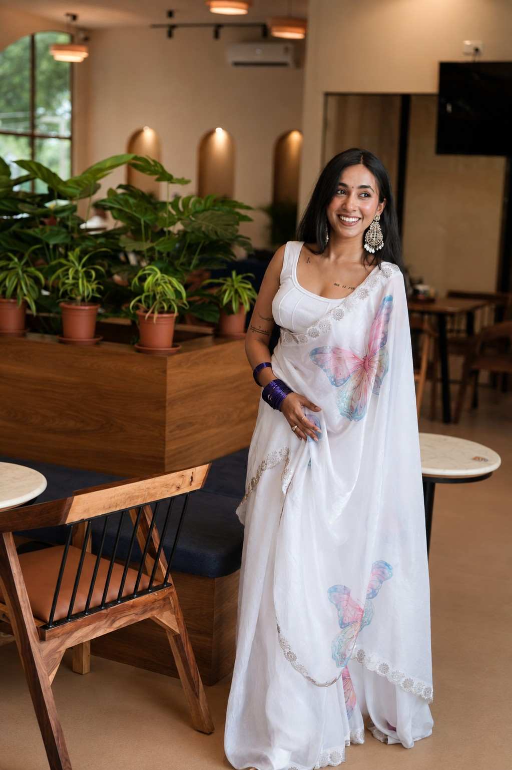Ivory White Italian Glass Chiffon Saree with Pastel Butterfly Handwork