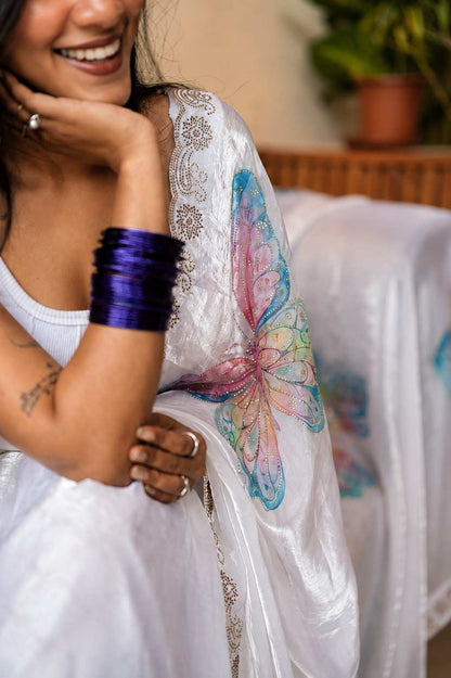 Ivory White Italian Glass Chiffon Saree with Pastel Butterfly Handwork