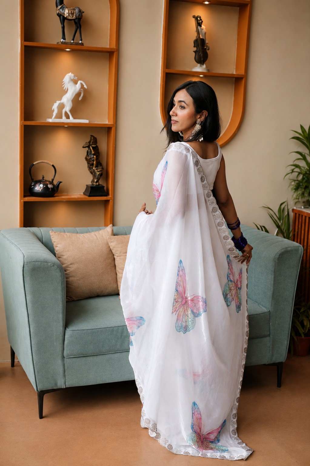 Ivory White Italian Glass Chiffon Saree with Pastel Butterfly Handwork