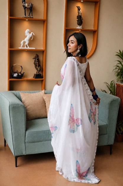 Ivory White Italian Glass Chiffon Saree with Pastel Butterfly Handwork