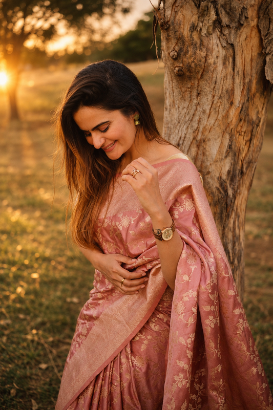 Blush Pink Woven Silk Saree with Gold Floral Zari & Elegant Border