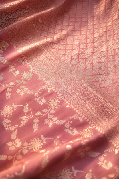 Blush Pink Woven Silk Saree with Gold Floral Zari & Elegant Border