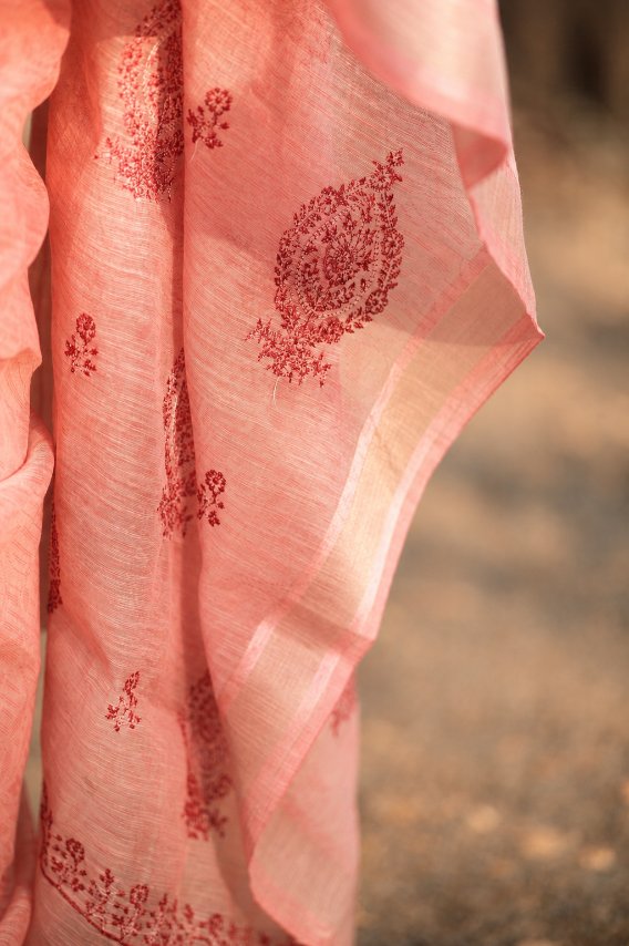 Dusty Rose Linen Cotton Saree with Subtle Buta Motifs & Elegant Border