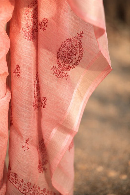 Dusty Rose Linen Cotton Saree with Subtle Buta Motifs & Elegant Border