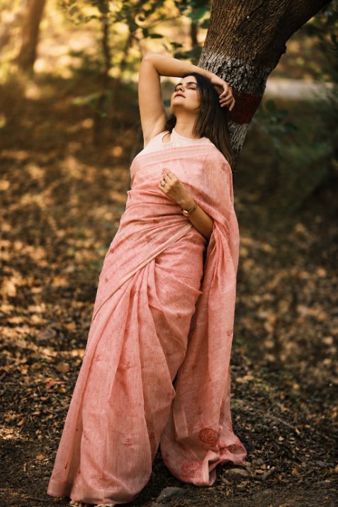 Dusty Rose Linen Cotton Saree with Subtle Buta Motifs & Elegant Border