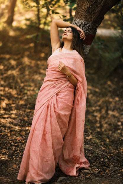 Dusty Rose Linen Cotton Saree with Subtle Buta Motifs & Elegant Border