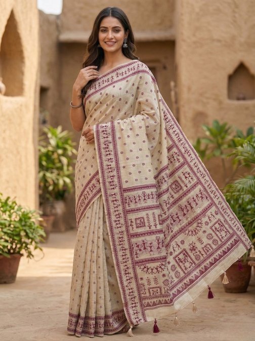 Magenta Jamdani Cotton Saree with Bastar Print & Contrast Woven Border