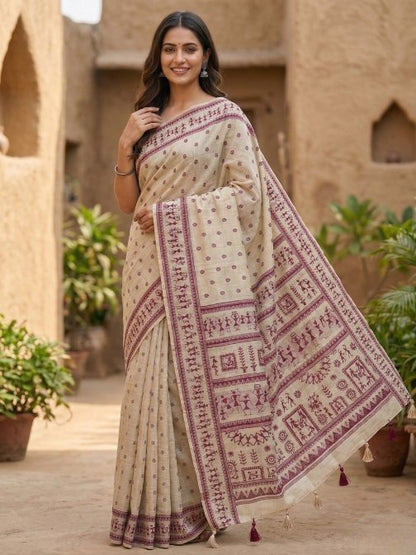Magenta Jamdani Cotton Saree with Bastar Print & Contrast Woven Border