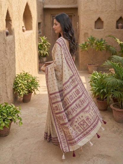 Magenta Jamdani Cotton Saree with Bastar Print & Contrast Woven Border