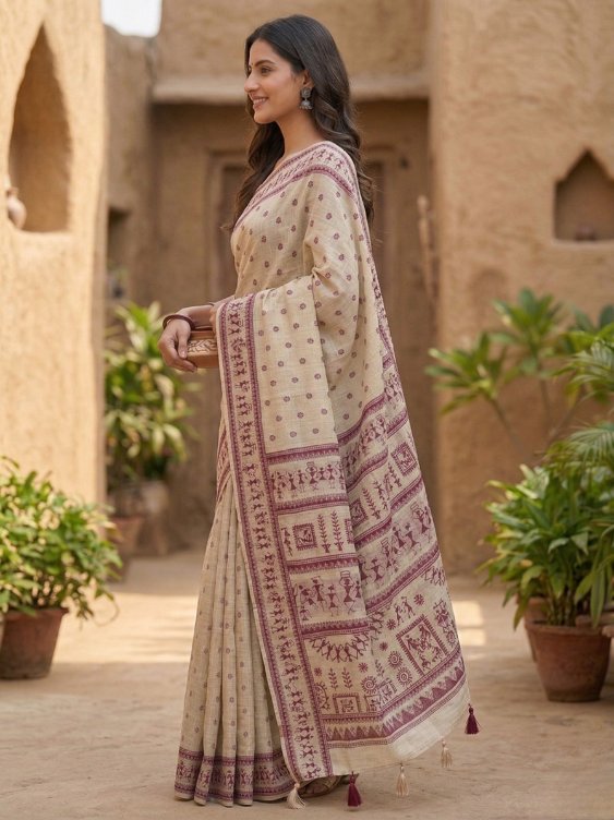 Magenta Jamdani Cotton Saree with Bastar Print & Contrast Woven Border