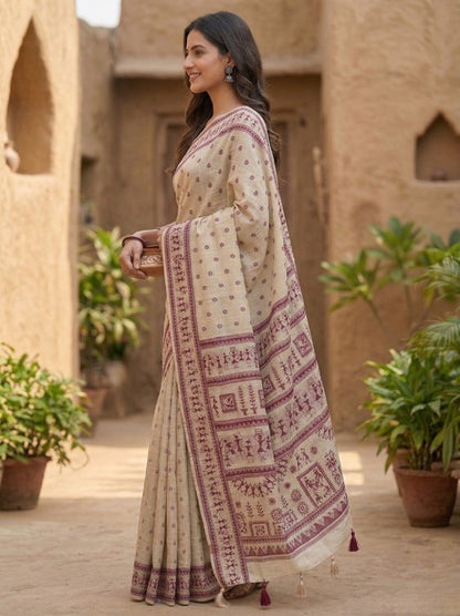 Magenta Jamdani Cotton Saree with Bastar Print & Contrast Woven Border