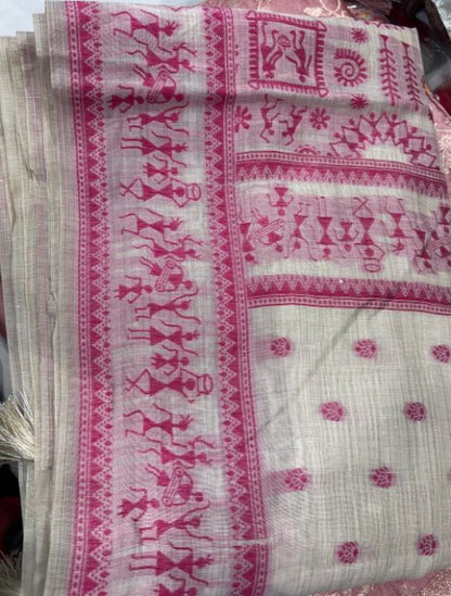 Soft Pink Jamdani Cotton Saree with Bastar Print & Contrast Woven Border
