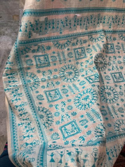 Beige Jamdani Cotton Saree with Bastar Print & Teal Woven Border