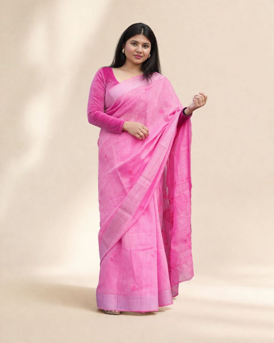 Soft Pink Cotton Saree with Delicate Embroidery & Minimal Border