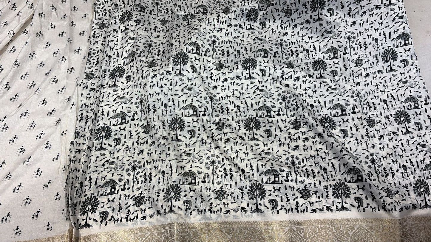 Ivory Cotton Saree with Bastar Tribal Print & Elegant Gold Border