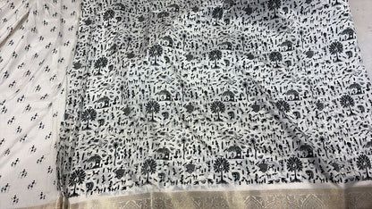 Ivory Cotton Saree with Bastar Tribal Print & Elegant Gold Border