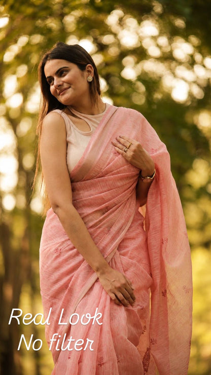 Dusty Rose Linen Cotton Saree with Subtle Buta Motifs & Elegant Border