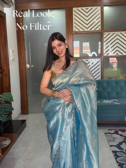 Mist Blue Tissue Saree with Delicate Silver Floral Work