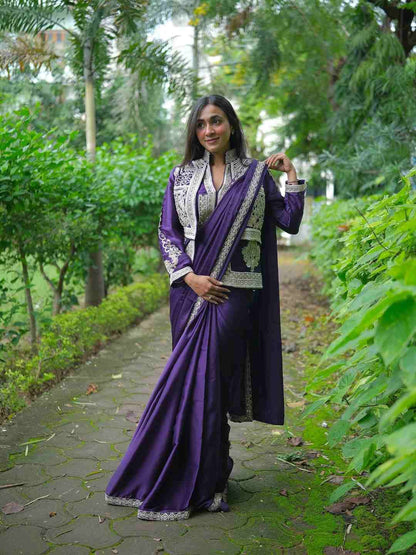 Royal Purple Indo-Western Saree with Ready-Made Blouse & Jacket