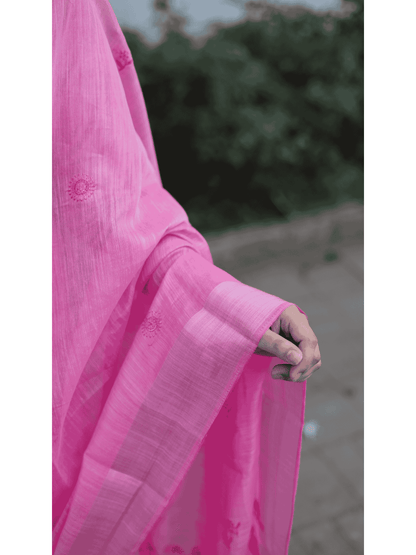 Soft Pink Cotton Saree with Delicate Embroidery & Minimal Border