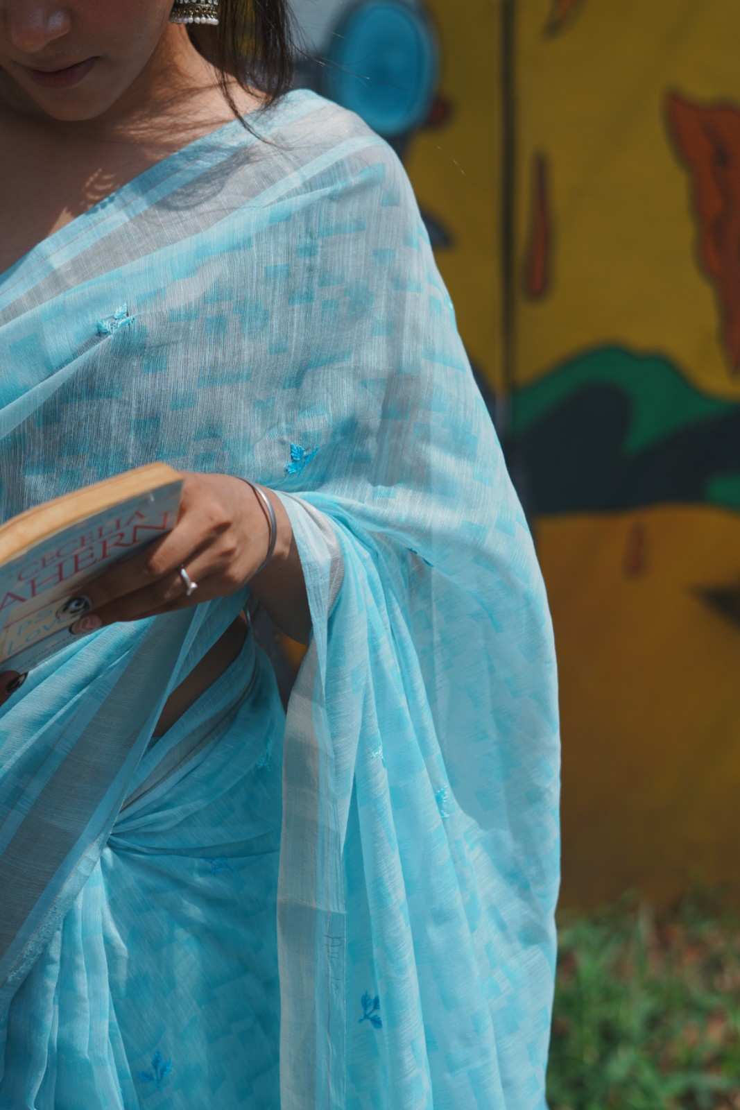 Aqua Blue Cotton Saree with Silver Border