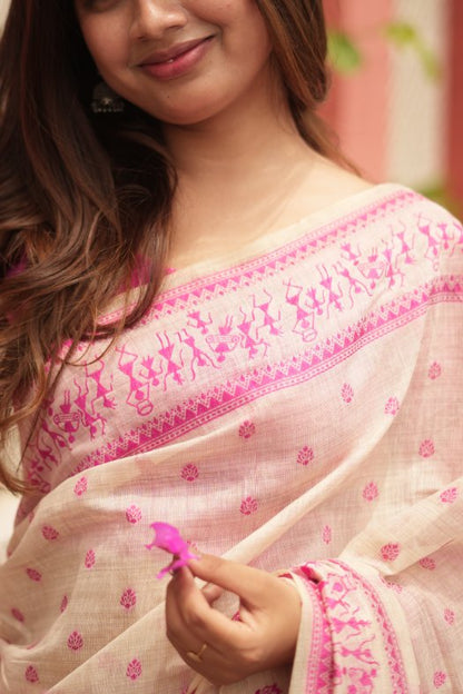 Soft Pink Jamdani Cotton Saree with Bastar Print & Contrast Woven Border