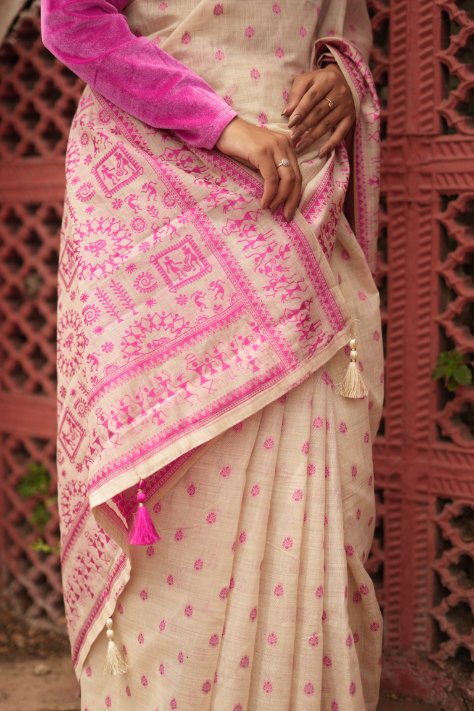 Soft Pink Jamdani Cotton Saree with Bastar Print & Contrast Woven Border