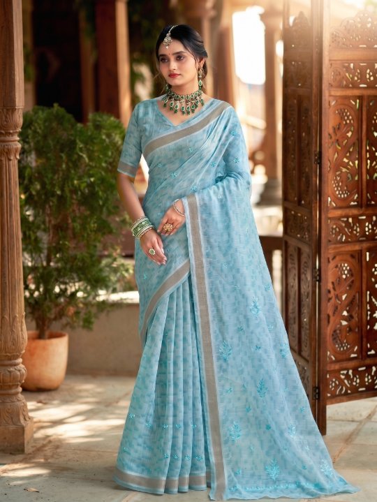 Elegant Sky Blue Cotton Saree with Silver Border