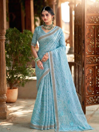 Elegant Sky Blue Cotton Saree with Silver Border