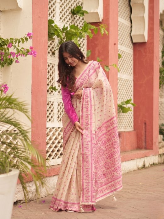 Soft Pink Jamdani Cotton Saree with Bastar Print & Contrast Woven Border
