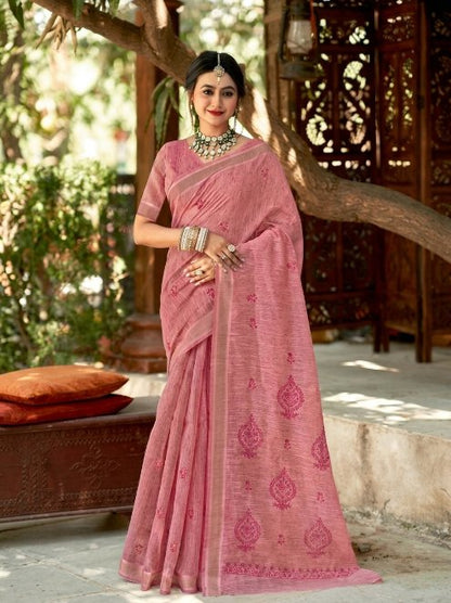 Dusty Rose Linen Cotton Saree with Subtle Buta Motifs & Elegant Border