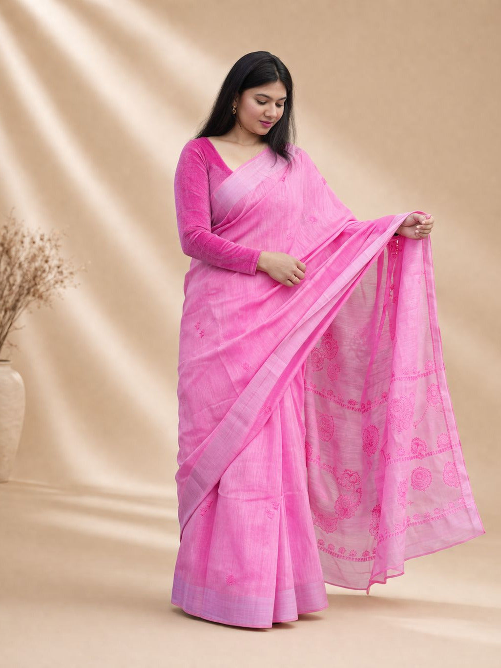Soft Pink Cotton Saree with Delicate Embroidery & Minimal Border