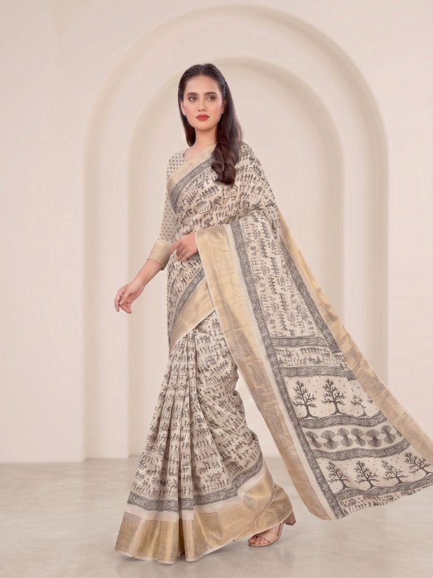 Ivory Cotton Saree with Bastar Tribal Print & Elegant Gold Border