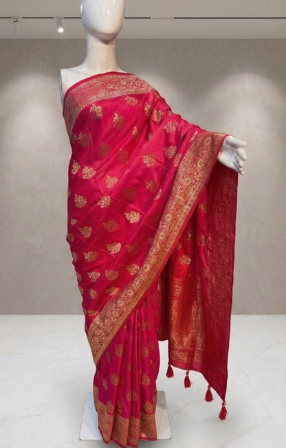 Rani Pink Banarasi Silk Saree with Gold Zari Motifs & Regal Border