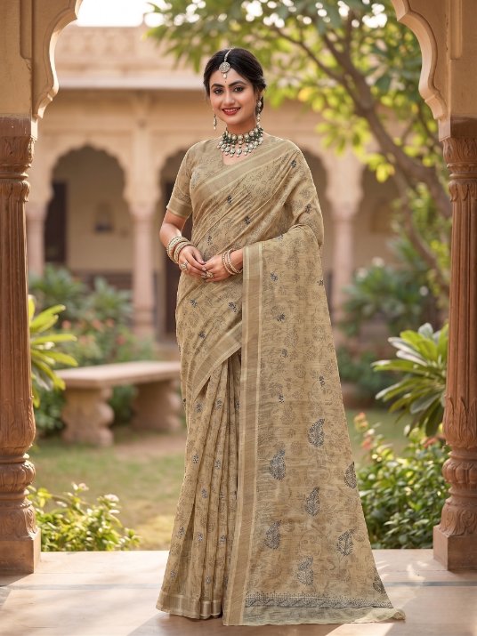 Beige Linen Cotton Saree with Floral Paisley Motifs & Elegant Border