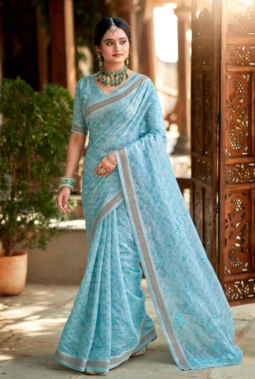 Elegant Sky Blue Cotton Saree with Silver Border