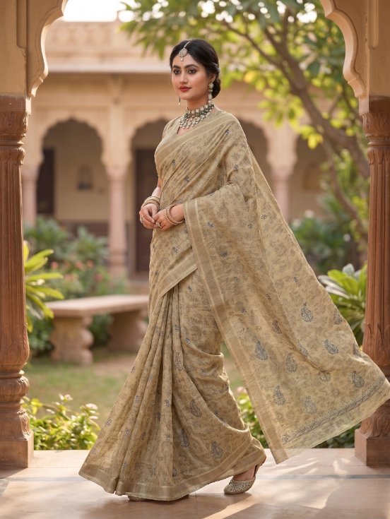 Beige Linen Cotton Saree with Floral Paisley Motifs & Elegant Border