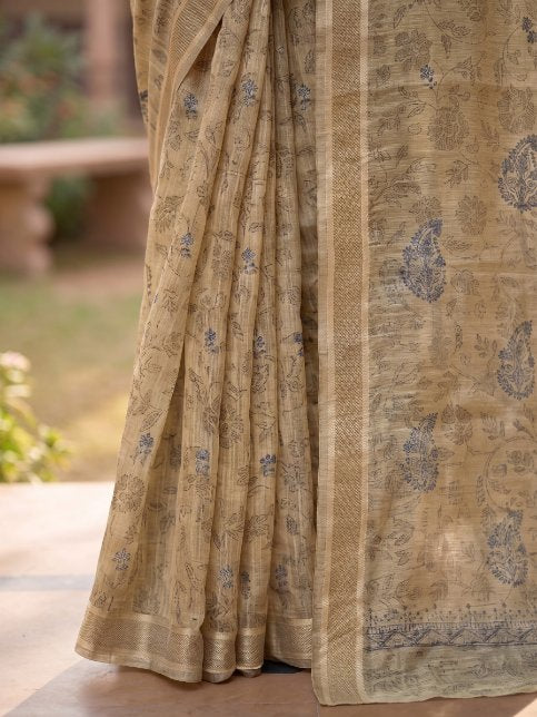 Beige Linen Cotton Saree with Floral Paisley Motifs & Elegant Border